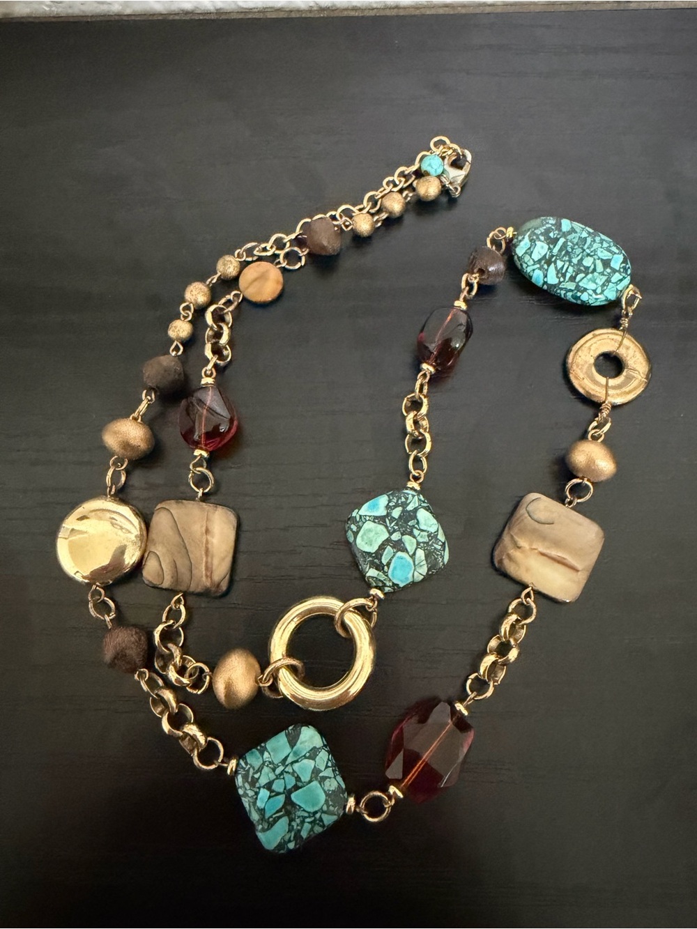 Multi-Stone Gold Chain Necklace with Turquoise and Brown Accents